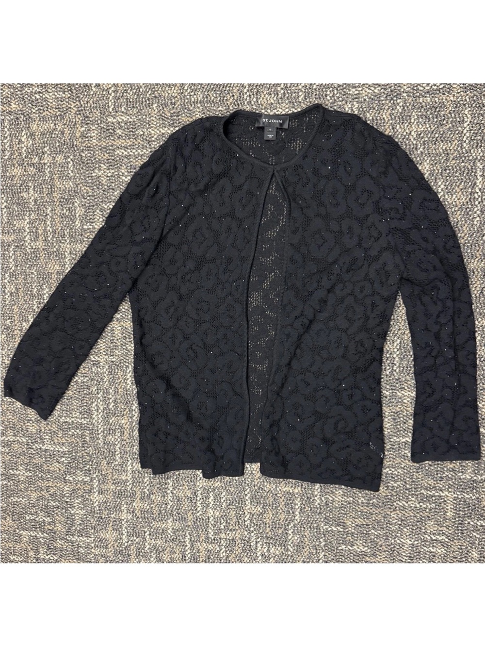 St John Black Pointelle Knit Leopard Sequin Open Front Cardigan Jacket 12 USA